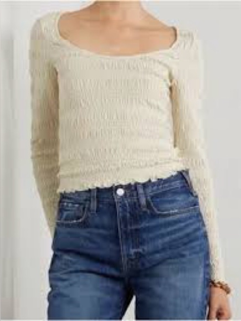 Frame Denim Cream Smocked Long Sleeve Top